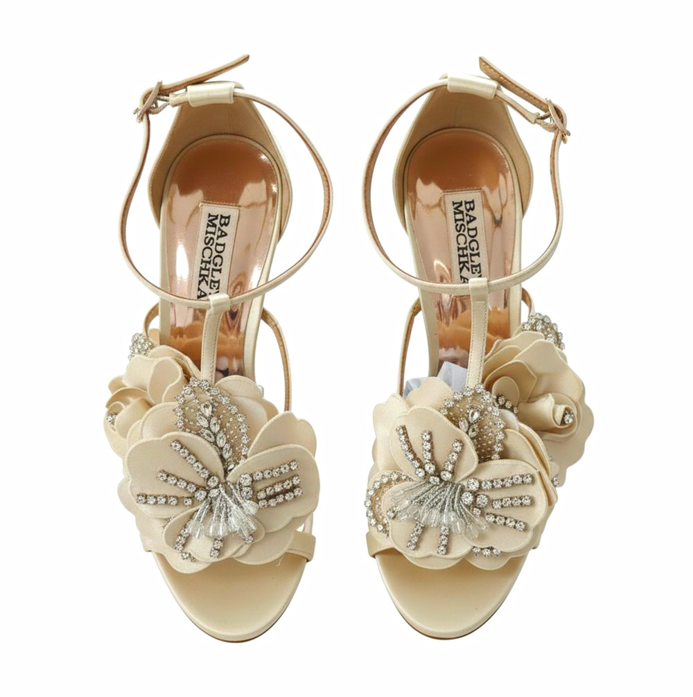 Badgley Mischka Ivory Strappy Ankle Strap Floral Rhinestone Open-Toe Heels 8